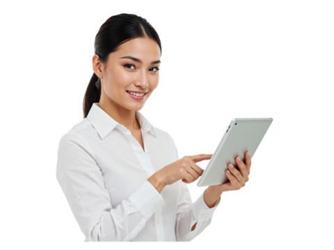 Smiling asian woman in white lab coat using digital tablet for work and innovation isolated on transparent background - Powered by Adobe