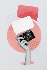 Trend artwork banner sketch 3D photo collage of text cloud balloon quote comment hand hold camera shooting hobby discussion feedback