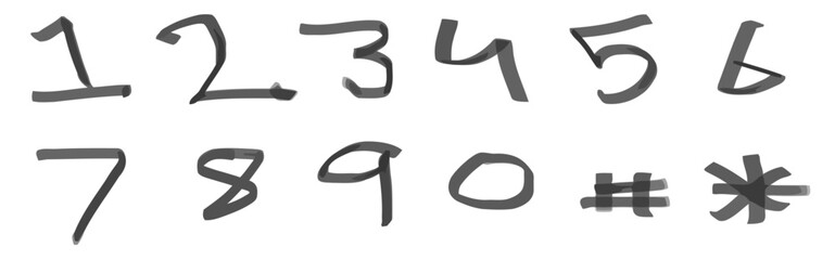 A handwritten display of the numbers one to nine, and zero, along with the hash and asterisk symbols.