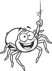 Cute cartoon spider hanging from web vector illustration silhouette