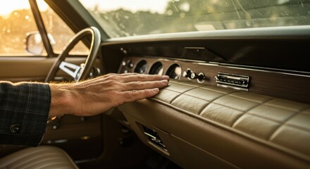 A person's hand resting on the dashboard of a classic vintage car, interior view.
