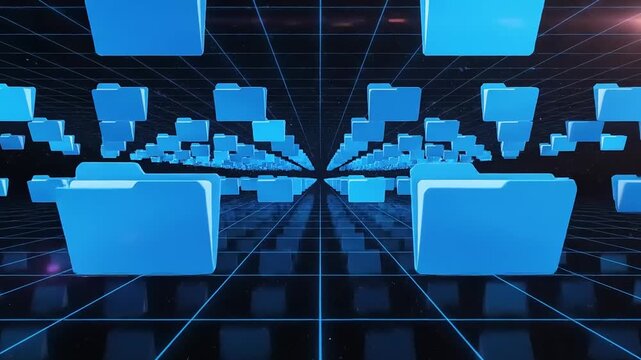 Futuristic digital data storage concept with an endless array of blue folders on a virtual grid