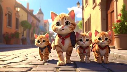 A digitally rendered image featuring four animated ginger kittens walking down a cobblestone street with backpacks. Buildings line the street in the background