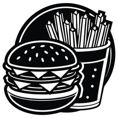 Delicious fast food burger and crispy french fries illustration for food and drink designs