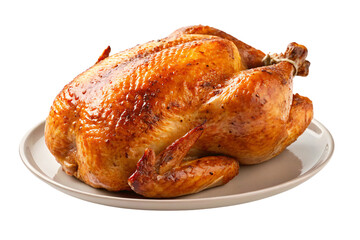 Juicy golden roasted chicken on a plate, perfectly seasoned and ready for a delicious meal, evoking warmth and comfort.