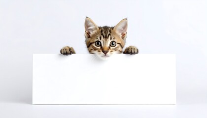 Cute Tabby Kitten Holding Blank Sign on White Background with Ready for Text.