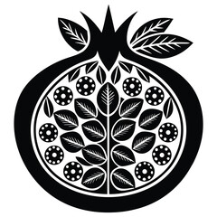 Modern flat design illustration of a vibrant pomegranate with stylized leaves and seeds perfect for food and health themes
