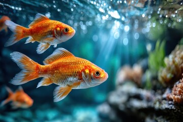 Two Goldfish Swimming in a Blue Aquarium