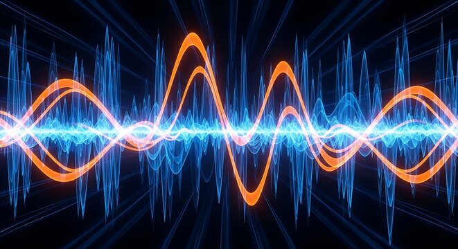 Abstract representation of audio waves with vibrant orange and blue spectrums on a dark background