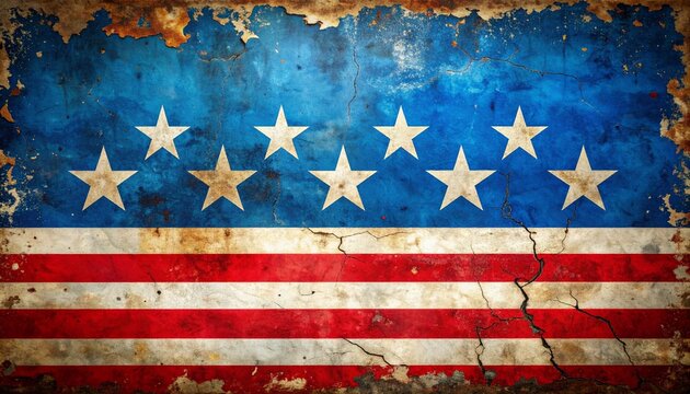 Weathered American flag with circular stars and distressed textures.