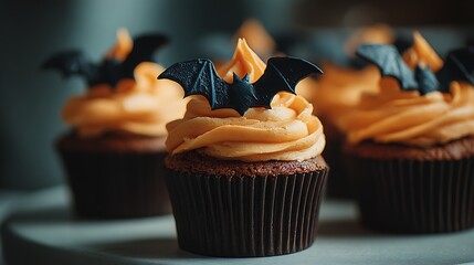 A trio of halloween cupcakes with orange frosting and bat decorations on a light gray surface