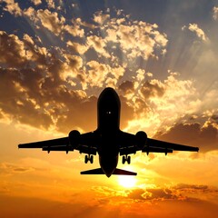 Silhouette of a jet plane at sunset