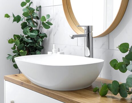 Modern bathroom vanity with oval sink and plants - Powered by Adobe