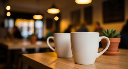 Fototapeta premium Two white ceramic mugs sit on a wooden table in a cozy cafe with soft lighting and blurred background patrons.