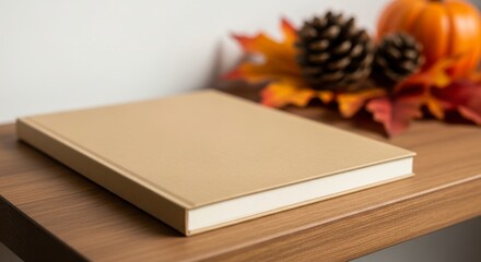 Fototapeta premium A closed tan book rests on a wooden surface with autumn decorations including a pumpkin and pinecones in the background.
