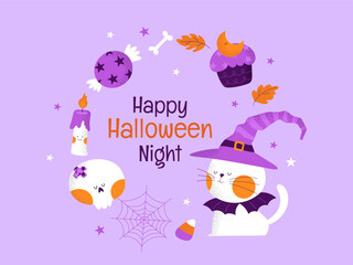 Halloween party frame, hand-drawn Halloween frame on purple background