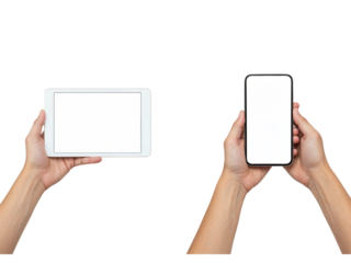 Hands hold tablet and smartphone side by side demonstrating technology and connectivity isolated on transparent background