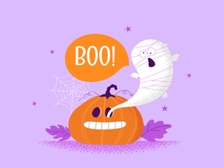 Happy Halloween pumpkins orange color with ghost