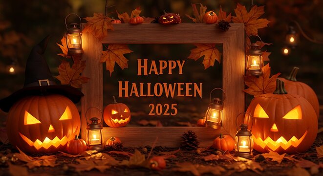  Happy Halloween 2025 Glowing Text with Jack-o'-Lanterns, Autumn Leaves, and Lit Lanterns in Dark Woods