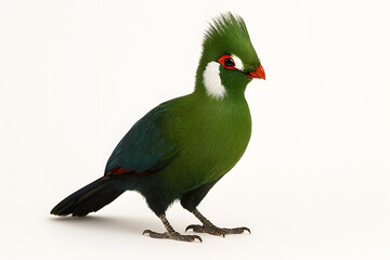 Obraz premium A beautiful green White crested turaco bird stands on a white background.