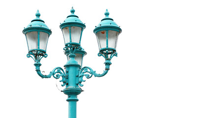 Teal vintage street lamp classic outdoor lighting isolated on white background