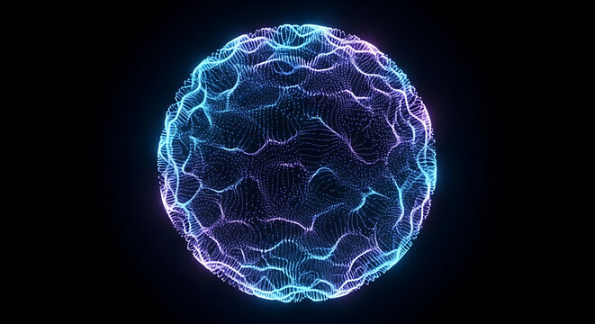 Abstract glowing sphere of blue and purple particles on a black background forming a futuristic design.