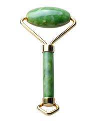 Green Jade Facial Roller with Gold Metal Frame on Background jade roller beauty tool isolated on a transparent background