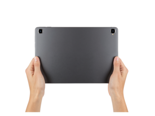 Hands hold rectangular gray electronic device showing back with camera lenses isolated on transparent background