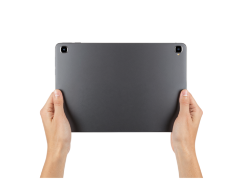Hands hold rectangular gray electronic device showing back with camera lenses isolated on transparent background