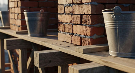 Bricks being laid in a wall next to buckets of mortar on a wooden scaffolding.