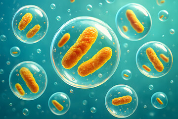 An illustration of orange bacteria or microorganisms inside transparent bubbles.