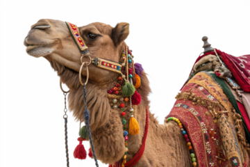 Decorated camel with ornate bridle and saddle isolated on a transparent background