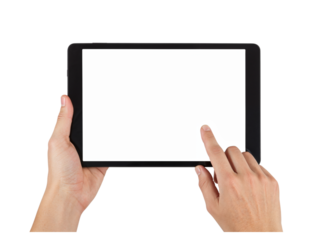 Hands holding tablet device with blank screen for content creation and digital interaction isolated on transparent background