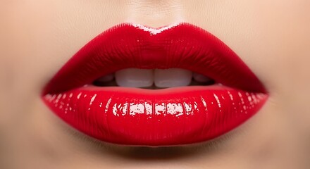 Obraz premium Close-up of seductive luscious lips adorned with bright red glossy lipstick demonstrating beauty trends and