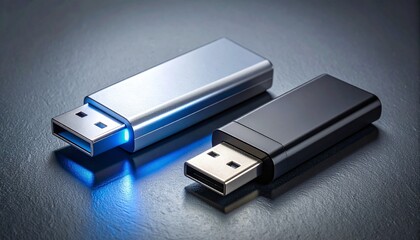 Two USB flash drives on dark surface, one glowing blue.
