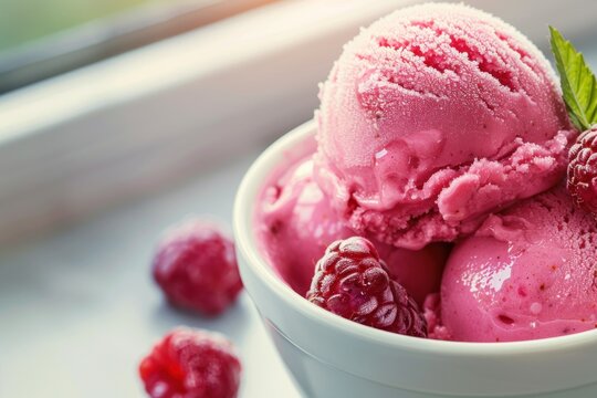 Closeup of a refreshing raspberry ice cream scoop in a white bowl, garnished with fresh raspberries and a mint leaf