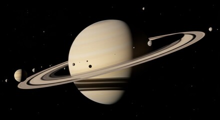 Saturn and its rings are displayed in a detailed view, with several moons visible against a dark, star-filled background.