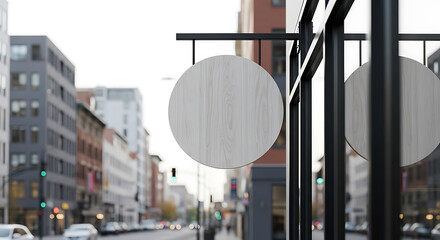 Blank round shop sign on a building in an urban city landscape background, with space for text and logo.
