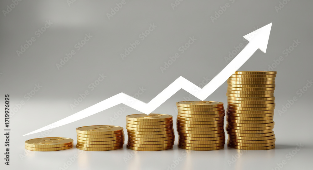 Poster illustrating financial ascent a visual representation of growing wealth with stacks of coins and an 