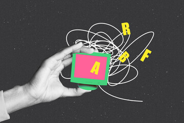 Creative artwork sketch image collage of big size hand hold computer monitor laptop internet computer virtual online line doodle letters