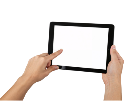 Hands interacting with a tablet screen digital device touchscreen technology and user interface isolated on transparent background
