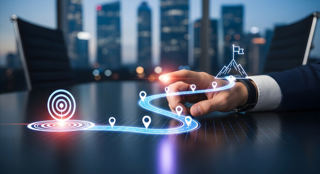 Strategic Business Journey:  Interactive Roadmap to Success,  Modern Wallpaper,  Blue Glowing Path,  Goal Achievement Concept. - Powered by Adobe