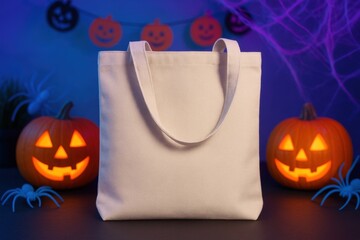 Photorealistic mockup of a blank white tote bag with Halloween neon decorations.