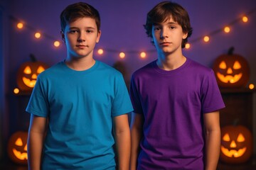 Photorealistic mockup of an empty t-shirt on a two boys with Halloween neon glow, pumpkins, and cozy festive vibe.