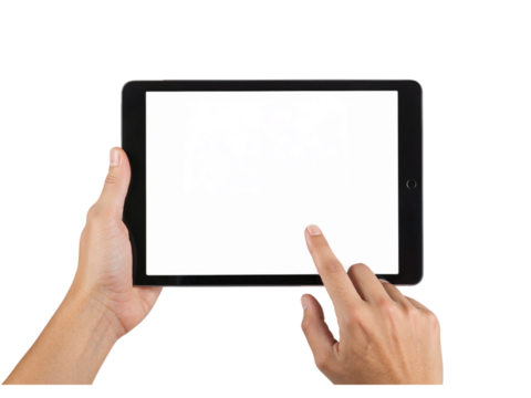 Hands holding a tablet device with a gray screen and finger interaction isolated on transparent background