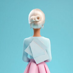A doll turns her back to blank note paper mockup. Workplace, paperwork creative concept