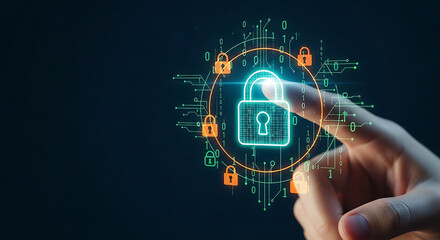 Finger touches a digital padlock icon surrounded by code and other padlock icons, representing cyber security and data protection.