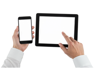 Hands holding smartphone and tablet interacting with technology devices isolated on transparent background