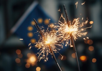 Obraz premium close-up of sparklers with a EU flag in the background, symbolizing festive joy and national pride on a holiday, European Union celebration concept.