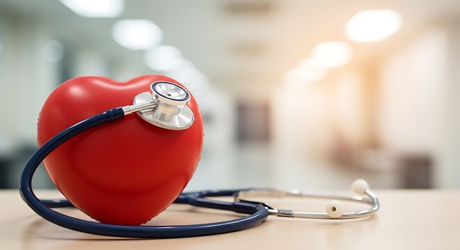 Heart.Red heart love shape hand exercise ball with doctor physician stethoscope on hospital background, Hospital life insurance concept, World heart health day, World hypertension day